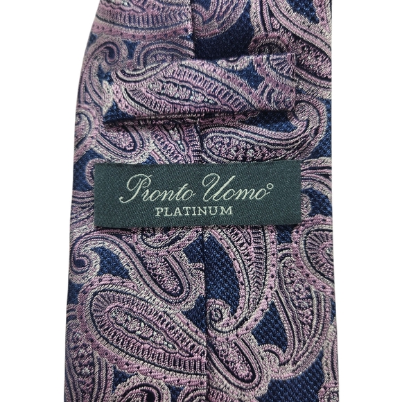 Silk Tie Pronto Uomo - Navy and Purple Paisley 3" Narrow Men's - Picture 3 of 6